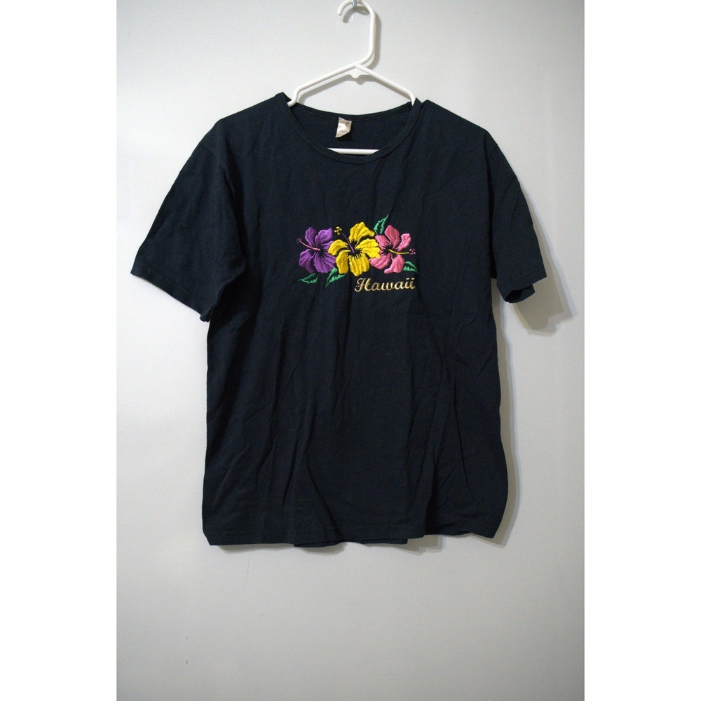 Anvil Hawaii Embroidered Hibiscus Floral Black 100% Cotton T-Shirt Womens Medium